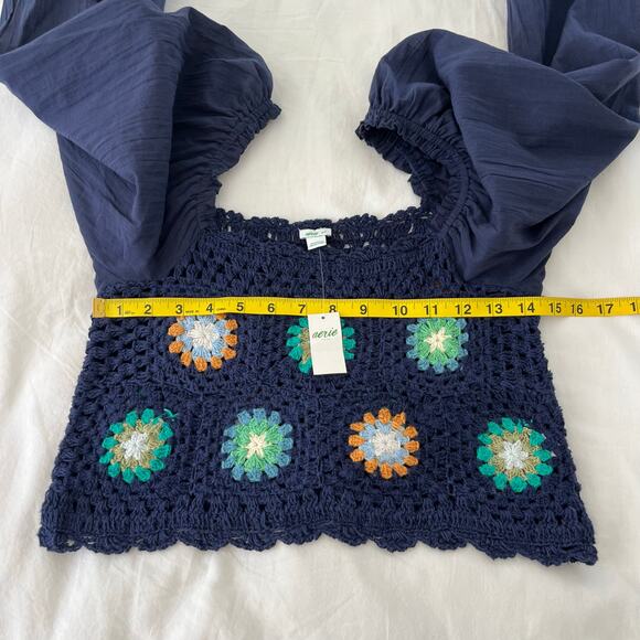 Aerie NWT Crochet Vacay Puff Long Sleeve Floral Cropped Top, Size Small - Picture 5 of 9